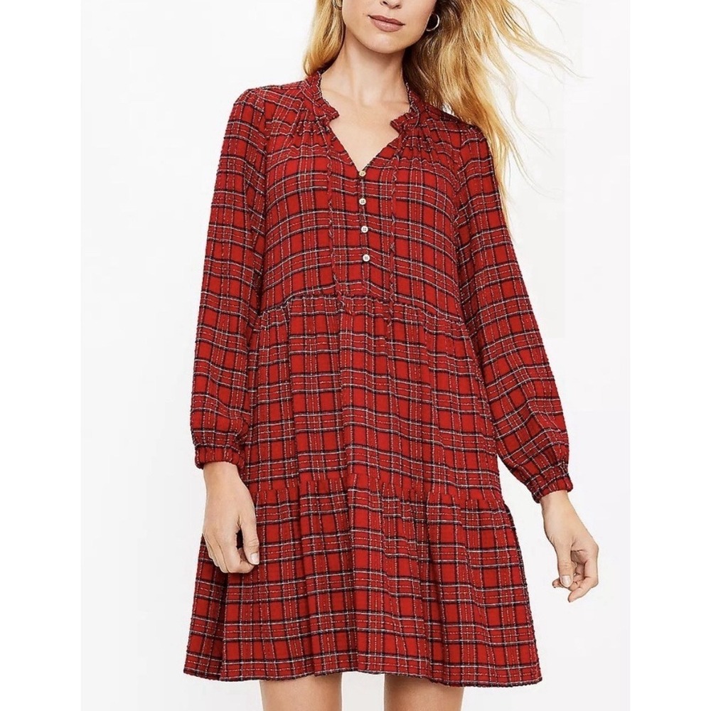 LOFT Red Plaid Dress Long Sleeve Tiered Gauze Gold Metallic Size XS New $89.50